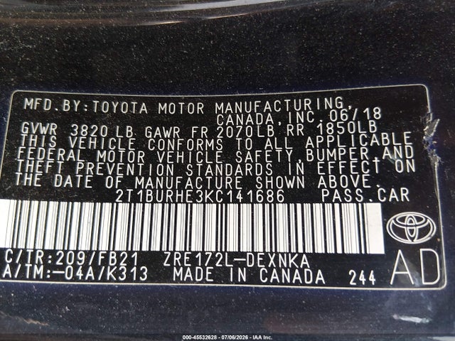 Aukcja sprzedaży 2019 Toyota Corolla Le, vin: 2T1BURHE3KC141686, numer aukcji: 45532628
