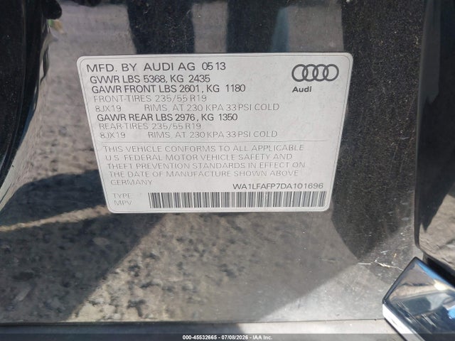 Продажа на аукционе авто 2013 Audi Q5 2.0t Premium, vin: WA1LFAFP7DA101696, номер лота: 45532665