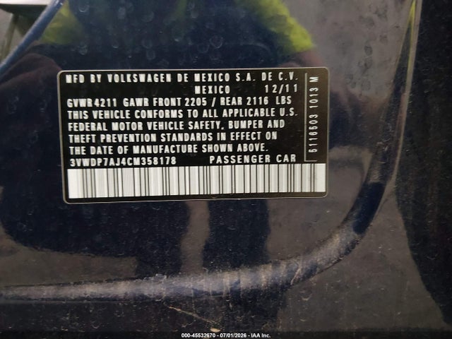 Aukcja sprzedaży 2012 Volkswagen Jetta 2.5l Se, vin: 3VWDP7AJ4CM358178, numer aukcji: 45532670