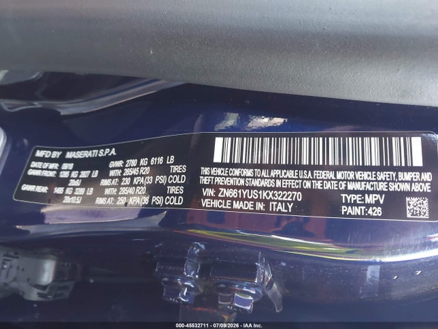 Продаж на аукціоні авто 2019 Maserati Levante S Gransport, vin: ZN661YUS1KX322270, номер лоту: 45532711