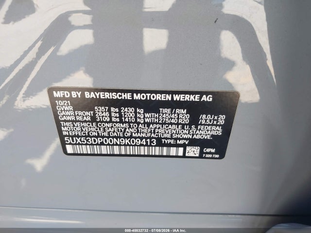 BMW X3 Xdrive30i 2022 5UX53DP00N9K09413 Image 9