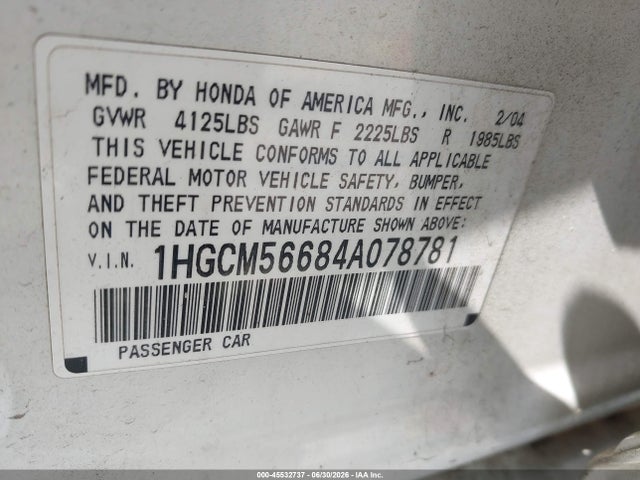Продажа на аукционе авто 2004 Honda Accord 2.4 Ex, vin: 1HGCM56684A078781, номер лота: 45532737