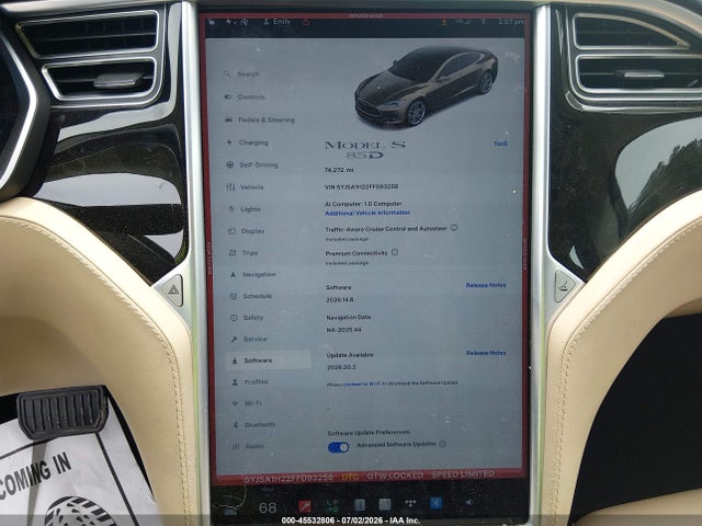 2015 Tesla Model S 70d/85d/p85d მანქანა იყიდება აუქციონზე, vin: 5YJSA1H22FF093258, აუქციონის ნომერი: 45532806