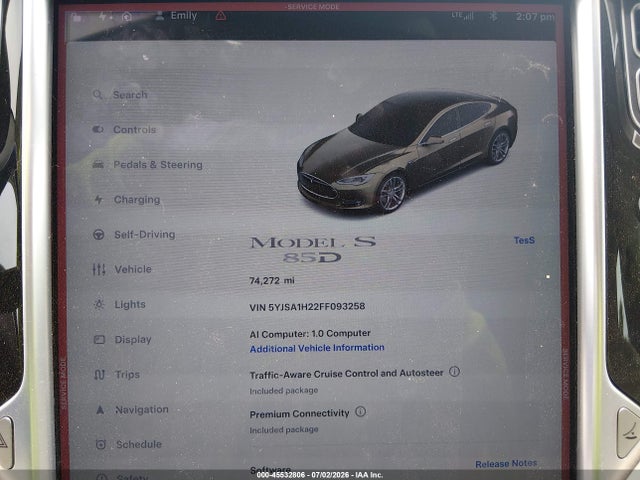 2015 Tesla Model S 70d/85d/p85d მანქანა იყიდება აუქციონზე, vin: 5YJSA1H22FF093258, აუქციონის ნომერი: 45532806