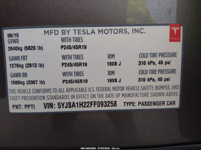 2015 Tesla Model S 70d/85d/p85d მანქანა იყიდება აუქციონზე, vin: 5YJSA1H22FF093258, აუქციონის ნომერი: 45532806