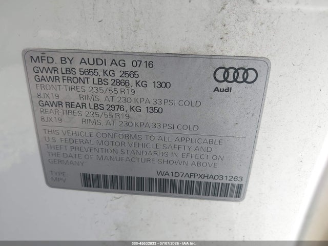 45532833 :رقم المزاد ، WA1D7AFPXHA031263 vin ، 2017 Audi Q5 3.0t Premium Plus مزاد بيع