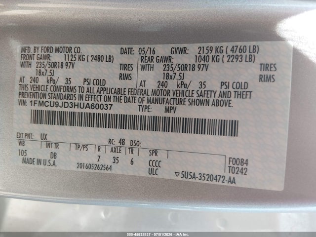 Продаж на аукціоні авто 2017 Ford Escape Titanium, vin: 1FMCU9JD3HUA60037, номер лоту: 45532837