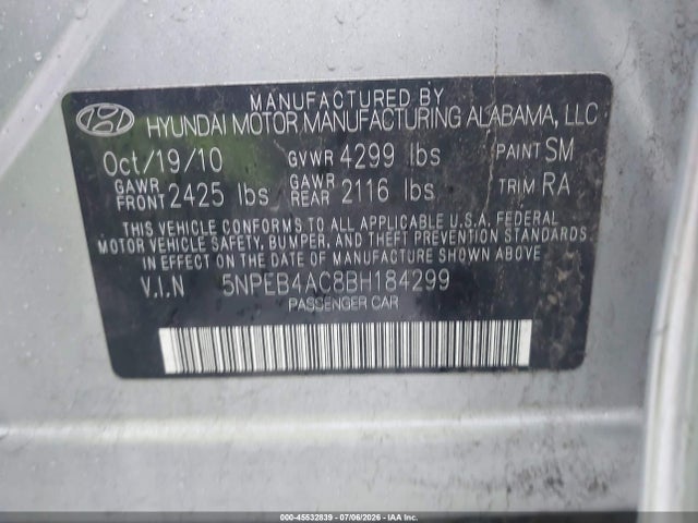 Продажа на аукционе авто 2011 Hyundai Sonata Gls, vin: 5NPEB4AC8BH184299, номер лота: 45532839