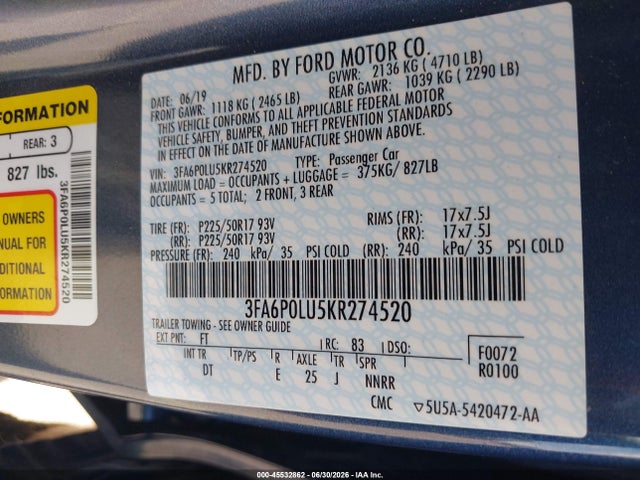 3FA6P0LU5KR274520 Ford Fusion Hybrid Se