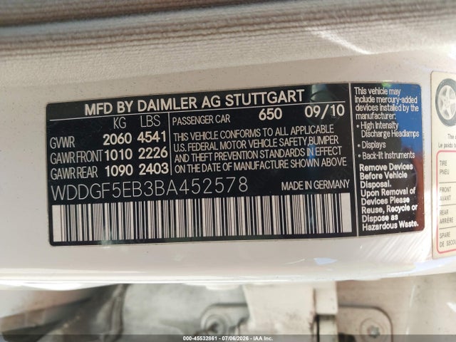 45532861 :رقم المزاد ، WDDGF5EB3BA452578 vin ، 2011 Mercedes-benz C 300 Luxury/sport مزاد بيع