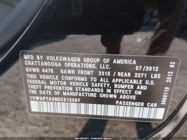 2013 Volkswagen Passat 2.5l S მანქანა იყიდება აუქციონზე, vin: 1VWAP7A38DC012397, აუქციონის ნომერი: 45532871