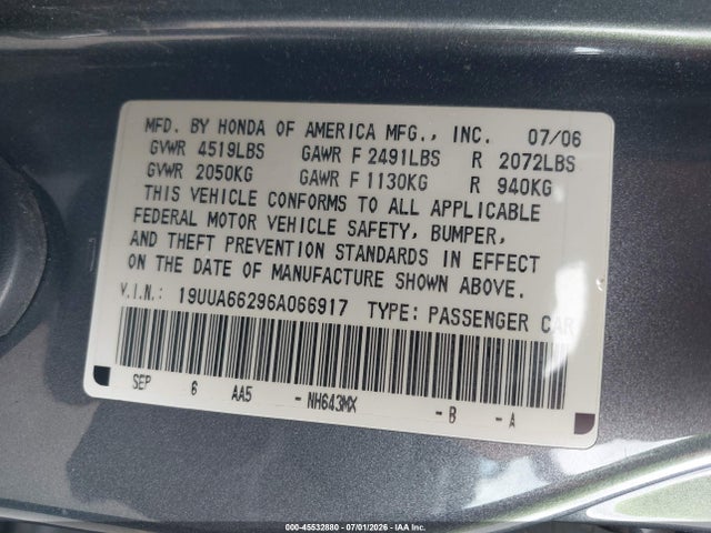 45532880 :رقم المزاد ، 19UUA66296A066917 vin ، 2006 Acura Tl مزاد بيع
