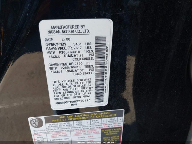 Продаж на аукціоні авто 2008 Infiniti Fx35, vin: JNRAS08W08X210415, номер лоту: 45532898