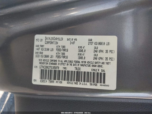 2007 Mitsubishi Raider Ls მანქანა იყიდება აუქციონზე, vin: 1Z7HC28K27S185070, აუქციონის ნომერი: 45532913