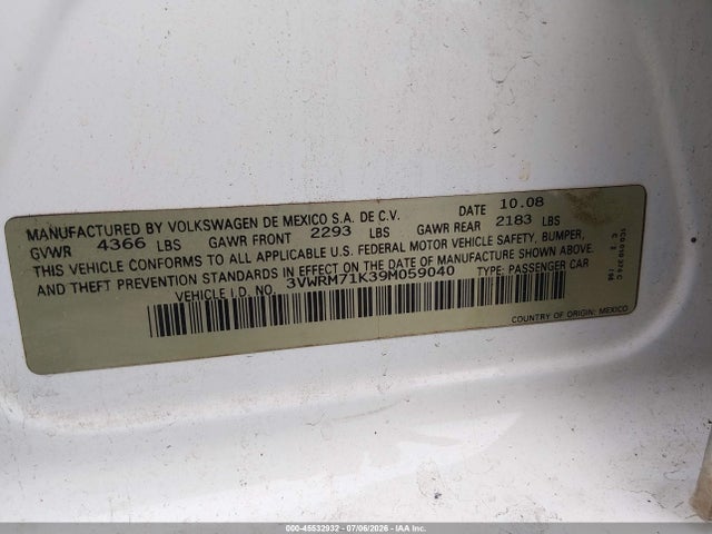 Aukcja sprzedaży 2009 Volkswagen Jetta Se/sel, vin: 3VWRM71K39M059040, numer aukcji: 45532932