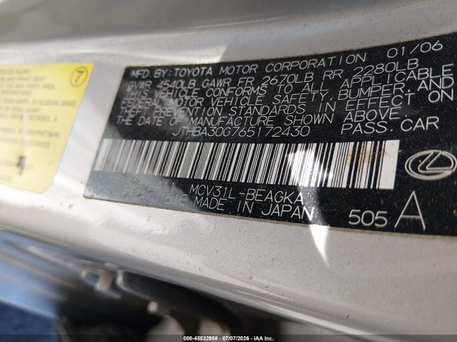 Aukcja sprzedaży 2006 Lexus Es 330, vin: JTHBA30G765172430, numer aukcji: 45532958