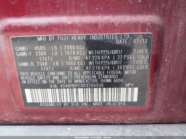 Aukcja sprzedaży 2013 Subaru Outback 2.5i Limited, vin: 4S4BRBPCXD3288930, numer aukcji: 45532960