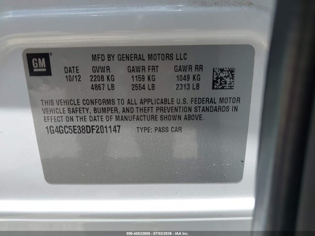 Aukcja sprzedaży 2013 Buick Lacrosse Leather Group, vin: 1G4GC5E38DF201147, numer aukcji: 45532980