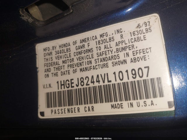 45532983 :رقم المزاد ، 1HGEJ8244VL101907 vin ، 1997 Honda Civic Ex مزاد بيع