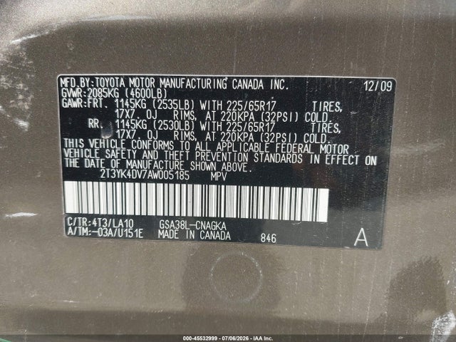 Aukcja sprzedaży 2010 Toyota Rav4 Limited V6, vin: 2T3YK4DV7AW005185, numer aukcji: 45532999