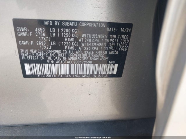 Aukcja sprzedaży 2025 Subaru Outback Premium, vin: 4S4BTACC9S3172598, numer aukcji: 45533005