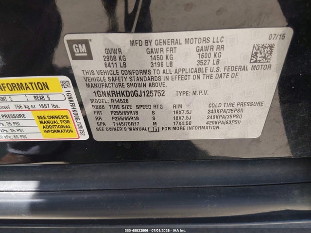 Aukcja sprzedaży 2016 Chevrolet Traverse 2lt, vin: 1GNKRHKD0GJ125752, numer aukcji: 45533006