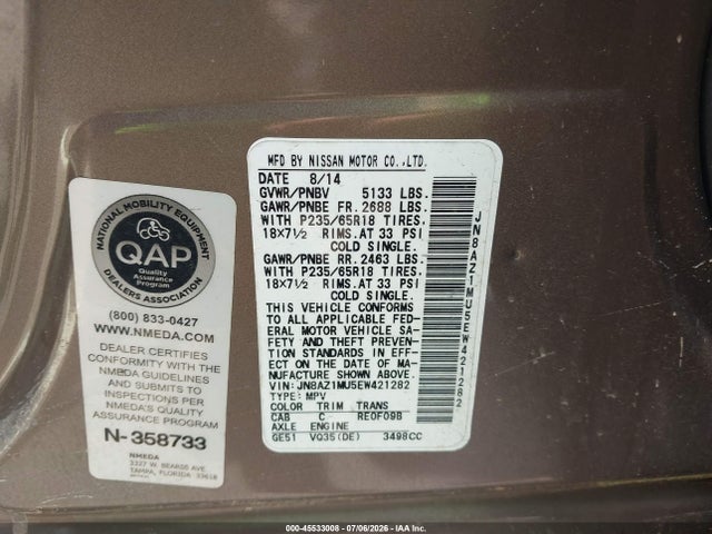 Aukcja sprzedaży 2014 Nissan Murano Sl, vin: JN8AZ1MU5EW421282, numer aukcji: 45533008