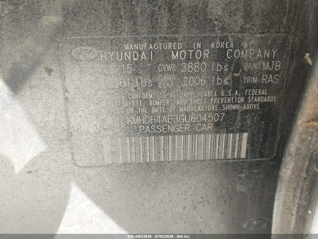 Aukcja sprzedaży 2016 Hyundai Elantra Se, vin: KMHDH4AE3GU604507, numer aukcji: 45533036