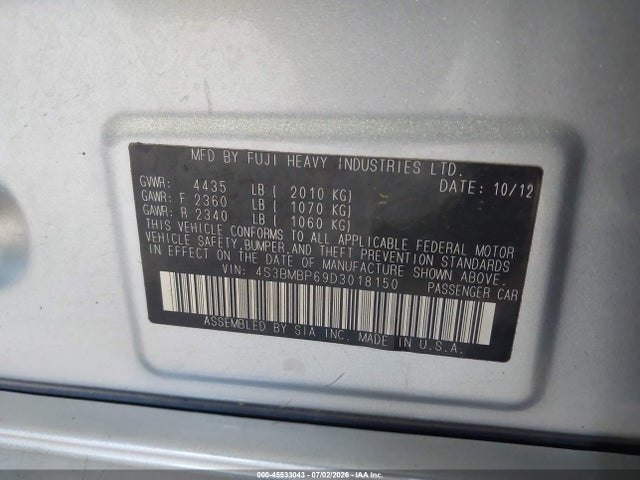 Продаж на аукціоні авто 2013 Subaru Legacy 2.5i Limited, vin: 4S3BMBP69D3018150, номер лоту: 45533043