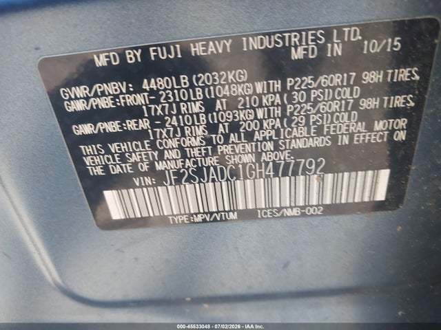 Продаж на аукціоні авто 2016 Subaru Forester 2.5i Premium, vin: JF2SJADC1GH477792, номер лоту: 45533048