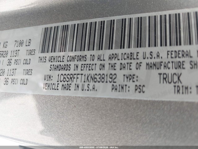 45533055 :رقم المزاد ، 1C6SRFFT1KN638192 vin ، 2019 Ram 1500 Big Horn/lone Star  4x4 5'7 Box مزاد بيع