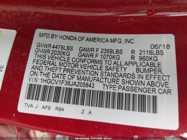 Продаж на аукціоні авто 2018 Honda Accord Sport, vin: 1HGCV1F36JA205843, номер лоту: 45533056