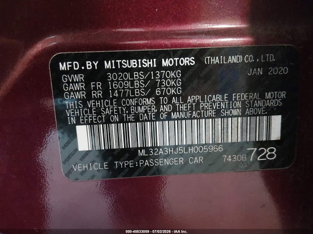 Продаж на аукціоні авто 2020 Mitsubishi Mirage Es/se, vin: ML32A3HJ5LH005966, номер лоту: 45533059