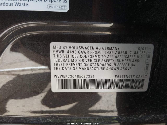 Aukcja sprzedaży 2008 Volkswagen Passat Lux, vin: WVWEK73C48E097331, numer aukcji: 45533071