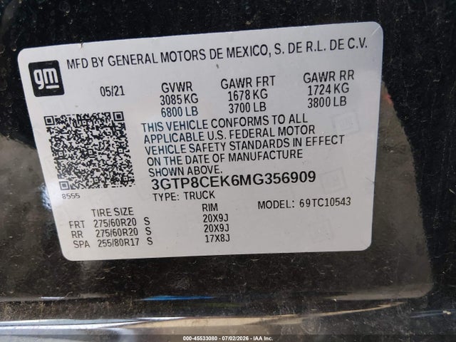 Продаж на аукціоні авто 2021 Gmc Sierra 1500 2wd  Short Box Elevation, vin: 3GTP8CEK6MG356909, номер лоту: 45533080