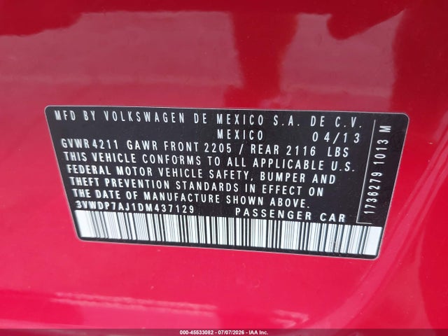 45533082 :رقم المزاد ، 3VWDP7AJ1DM437129 vin ، 2013 Volkswagen Jetta 2.5l Se مزاد بيع
