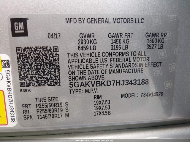 45533083 :رقم المزاد ، 5GAKVBKD7HJ343188 vin ، 2017 Buick Enclave Leather مزاد بيع