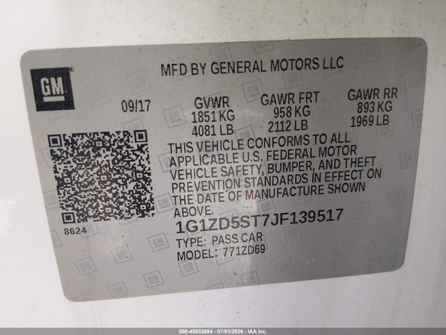 Продажа на аукционе авто 2018 Chevrolet Malibu Lt, vin: 1G1ZD5ST7JF139517, номер лота: 45533084