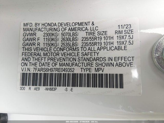 2024 Honda Cr-v Hybrid Sport Touring მანქანა იყიდება აუქციონზე, vin: 7FARS6H97RE049352, აუქციონის ნომერი: 45533086