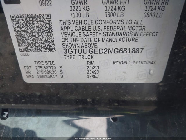 Aukcja sprzedaży 2022 Gmc Sierra 1500 4wd  Short Box Denali, vin: 3GTUUGED2NG681887, numer aukcji: 45533085