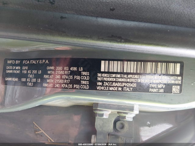 Продажа на аукционе авто 2018 Jeep Renegade Upland Edition 4x4, vin: ZACCJBAB0JPH26426, номер лота: 45533090