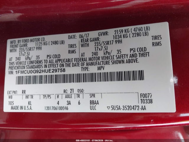 Auction sale of the 2017 Ford Escape Se, vin: 1FMCU0G92HUE29758, lot number: 45533101