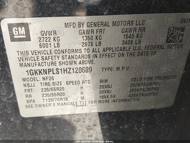 45533108 :رقم المزاد ، 1GKKNPLS1HZ120689 vin ، 2017 Gmc Acadia Denali مزاد بيع