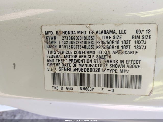 Aukcja sprzedaży 2013 Honda Odyssey Touring/touring Elite, vin: 5FNRL5H96DB002812, numer aukcji: 45533129