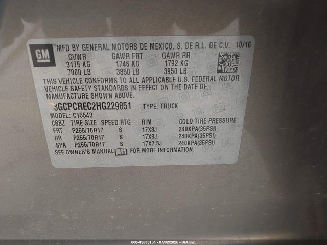 Продаж на аукціоні авто 2017 Chevrolet Silverado 1500 Lt, vin: 3GCPCREC2HG229851, номер лоту: 45533131