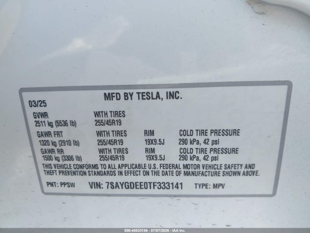Продажа на аукционе авто 2026 Tesla Model Y All-wheel Drive/long Range Launch Series/premium All-wheel Drive, vin: 7SAYGDEE0TF333141, номер лота: 45533159