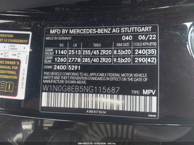 Aukcja sprzedaży 2022 Mercedes-benz Glc 300 4matic Suv, vin: W1N0G8EB5NG115687, numer aukcji: 45533176