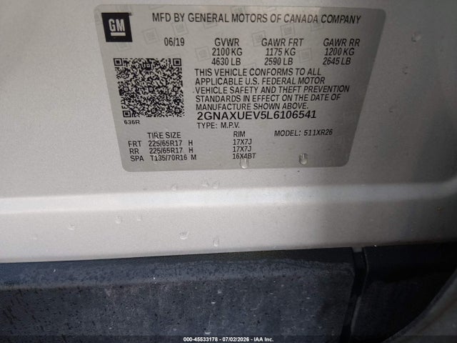45533178 :رقم المزاد ، 2GNAXUEV5L6106541 vin ، 2020 Chevrolet Equinox Awd Lt 1.5l Turbo مزاد بيع