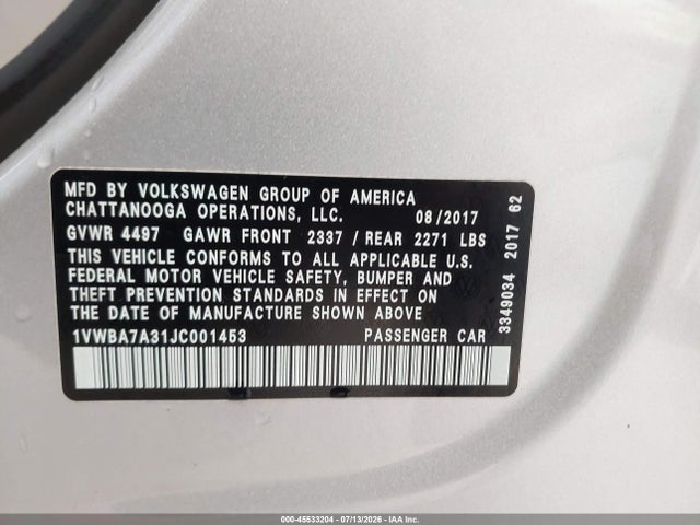 2018 Volkswagen Passat 2.0t Se მანქანა იყიდება აუქციონზე, vin: 1VWBA7A31JC001453, აუქციონის ნომერი: 45533204