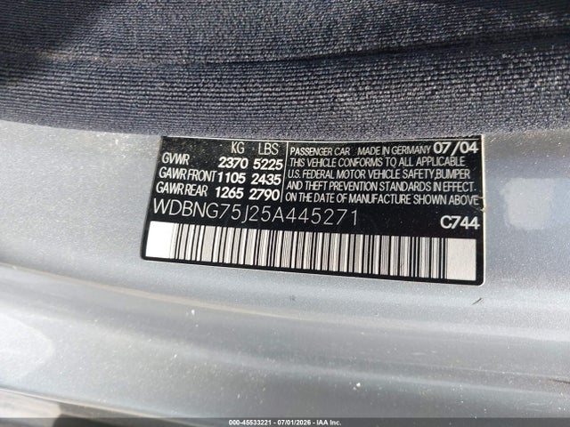 Aukcja sprzedaży 2005 Mercedes-benz S 500, vin: WDBNG75J25A445271, numer aukcji: 45533221